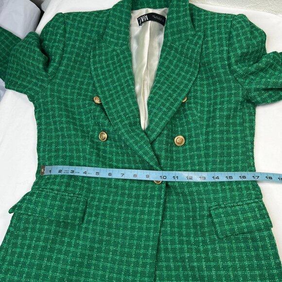 Zara Textured Double Breasted Blazer Coat Jacket Gold Button Green Plaid Large - Picture 10 of 16